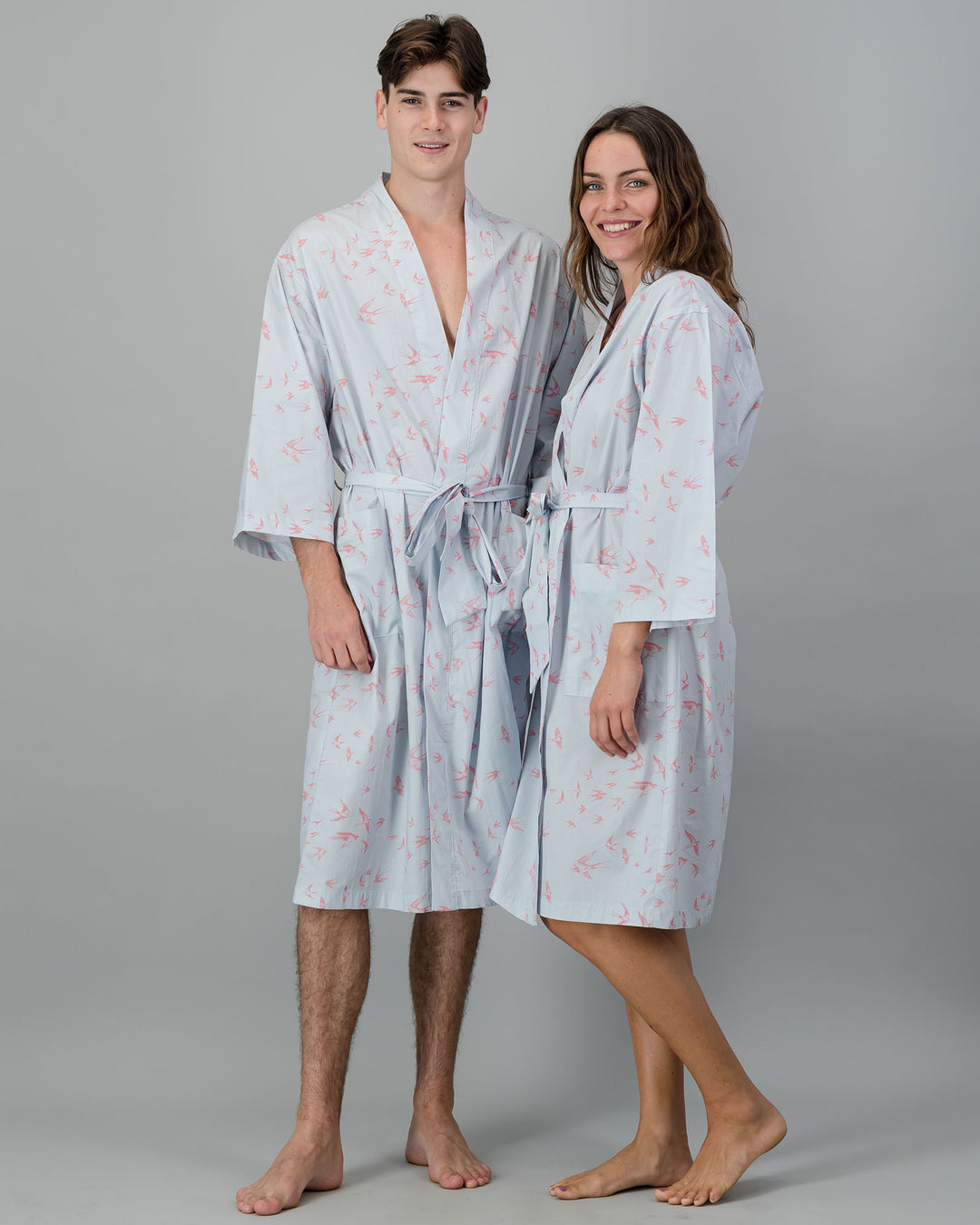 Adults Kimono - Pink Swallows on Pale Blue - Woodstock Laundry