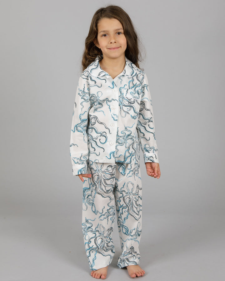 Girls Long Pyjamas Octopus Indigo Front - Woodstock Laundry