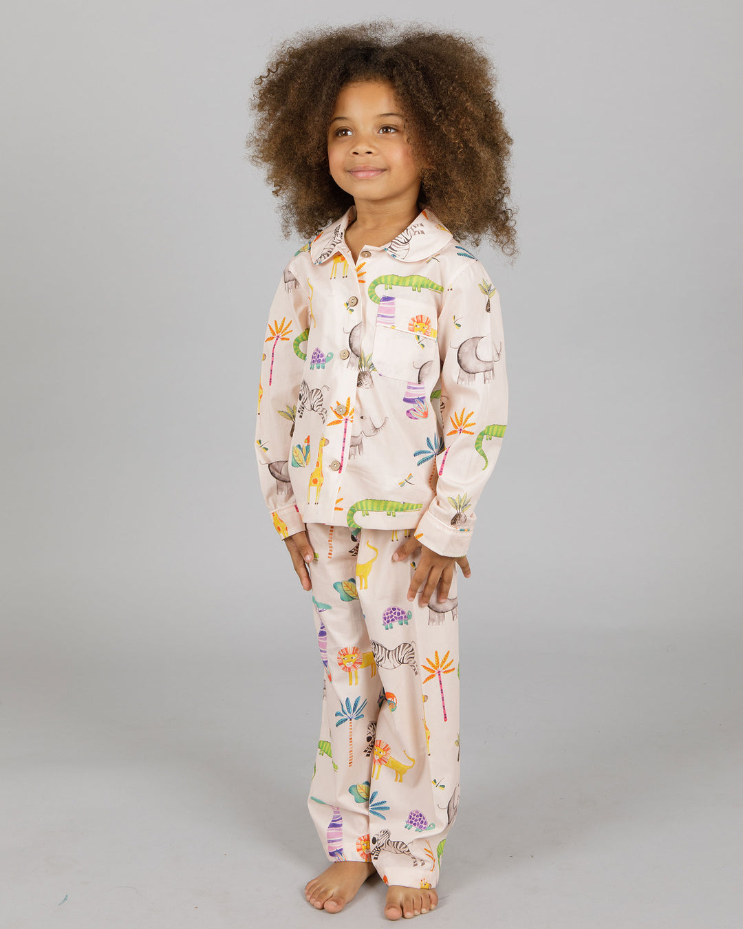 Girls Long Pyjamas - Safari on Pink Front - Woodstock Laundry