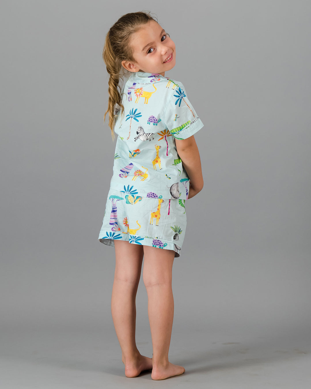 Girls Short Pyjamas - Safari on Blue Back - Woodstock Laundry