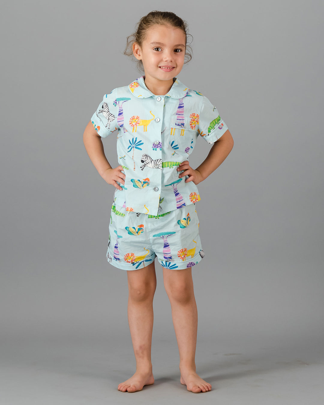 Girls Short Pyjamas - Safari on Blue Front - Woodstock Laundry