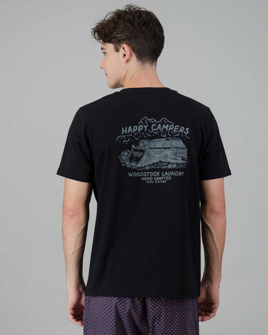 Mens Printed Short Sleeve Tee Dark Grey Campers Black Back - Woodstock Laundry