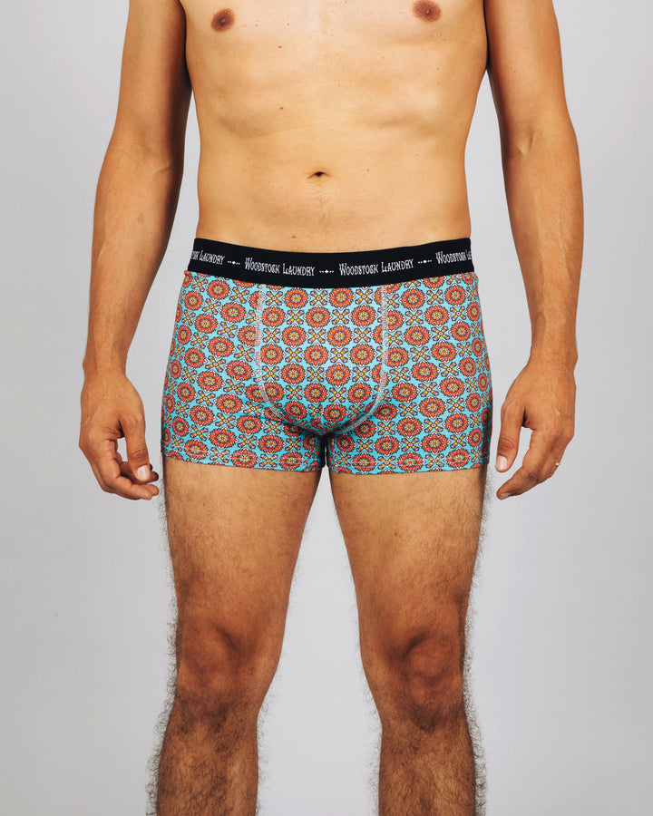 Mens Boxer Briefs - Funky Disco on Turquoise Front - Woodstock Laundry