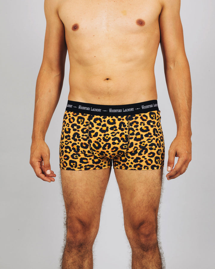 Mens Boxer Briefs - Leopard Skin on Orange Front - Woodstock Laundry