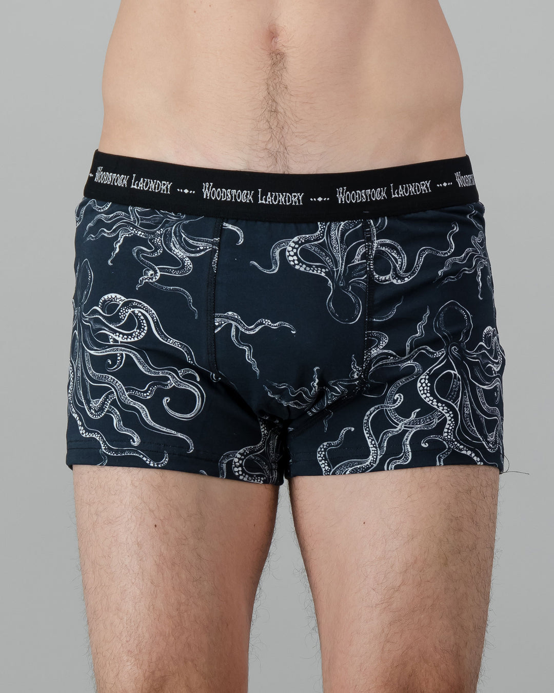 Mens Boxer Briefs - White Mini Octopus on Black Front - Woodstock Laundry