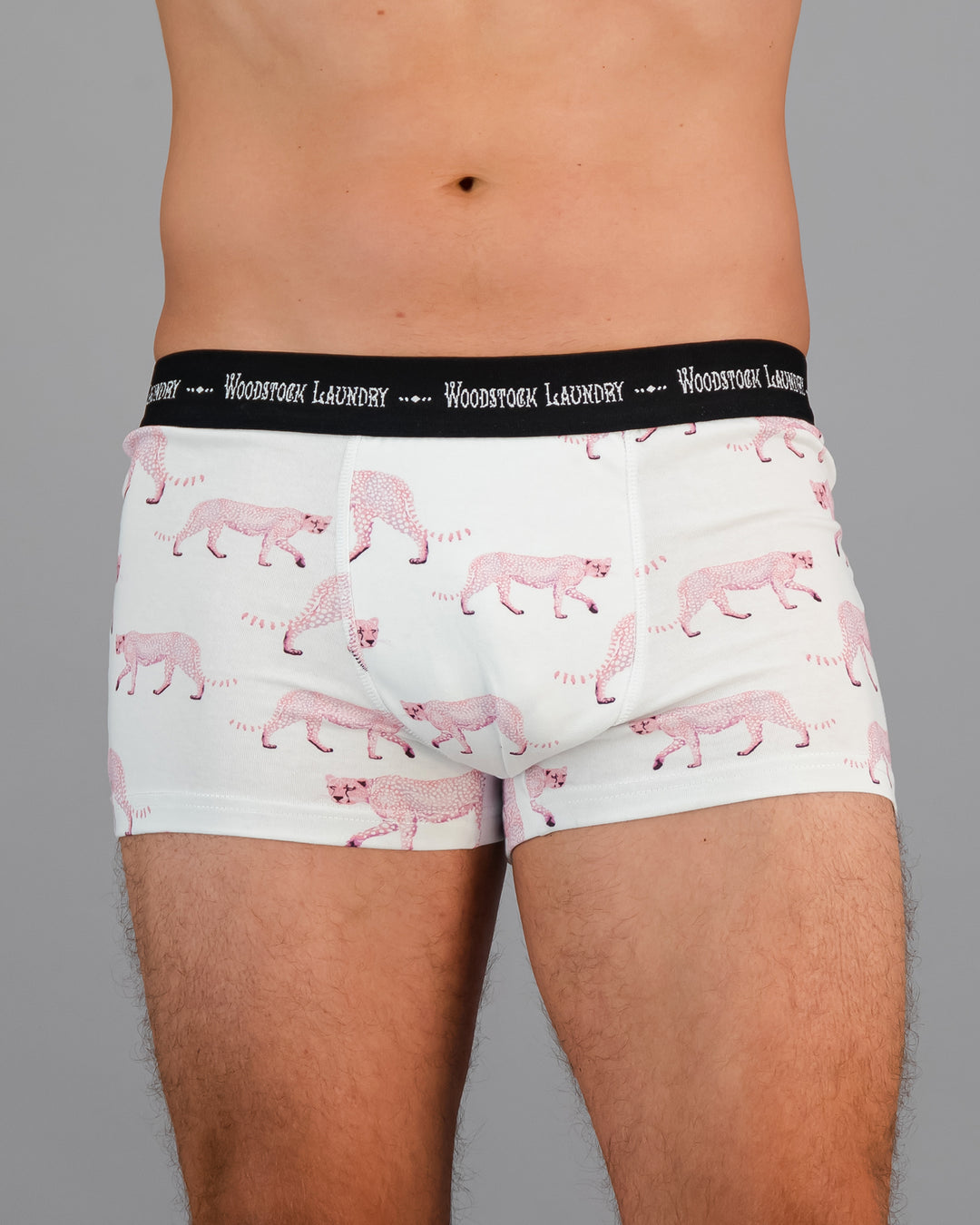 Mens Boxer Briefs - Pink Cheetahs on White Front - Woodstock Laundry