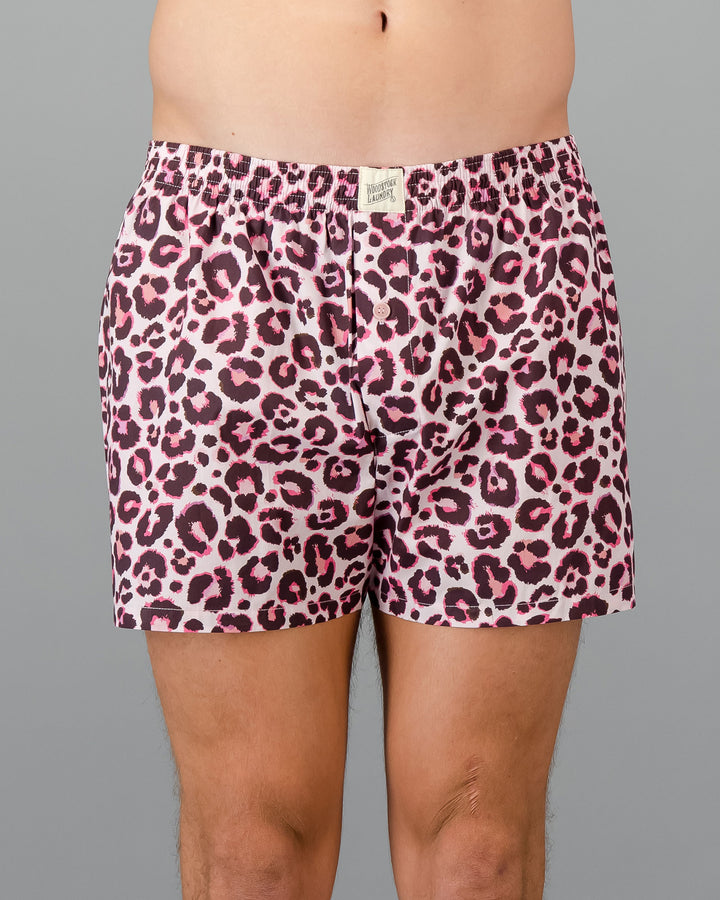 Mens Boxer Shorts Leopard Skin Pink Front - Woodstock Laundry