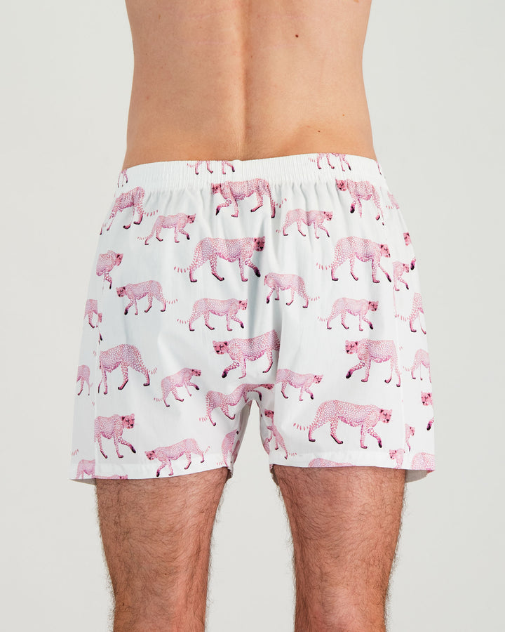 Mens Boxer Shorts - Pink Cheetahs on White Back - Woodstock Laundry