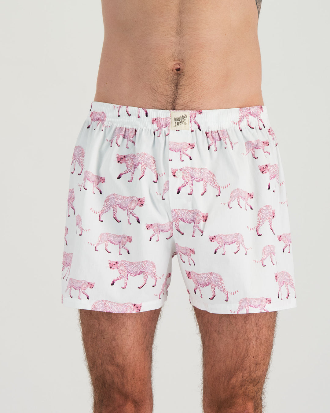 Mens Boxer Shorts - Pink Cheetahs on White Front - Woodstock Laundry