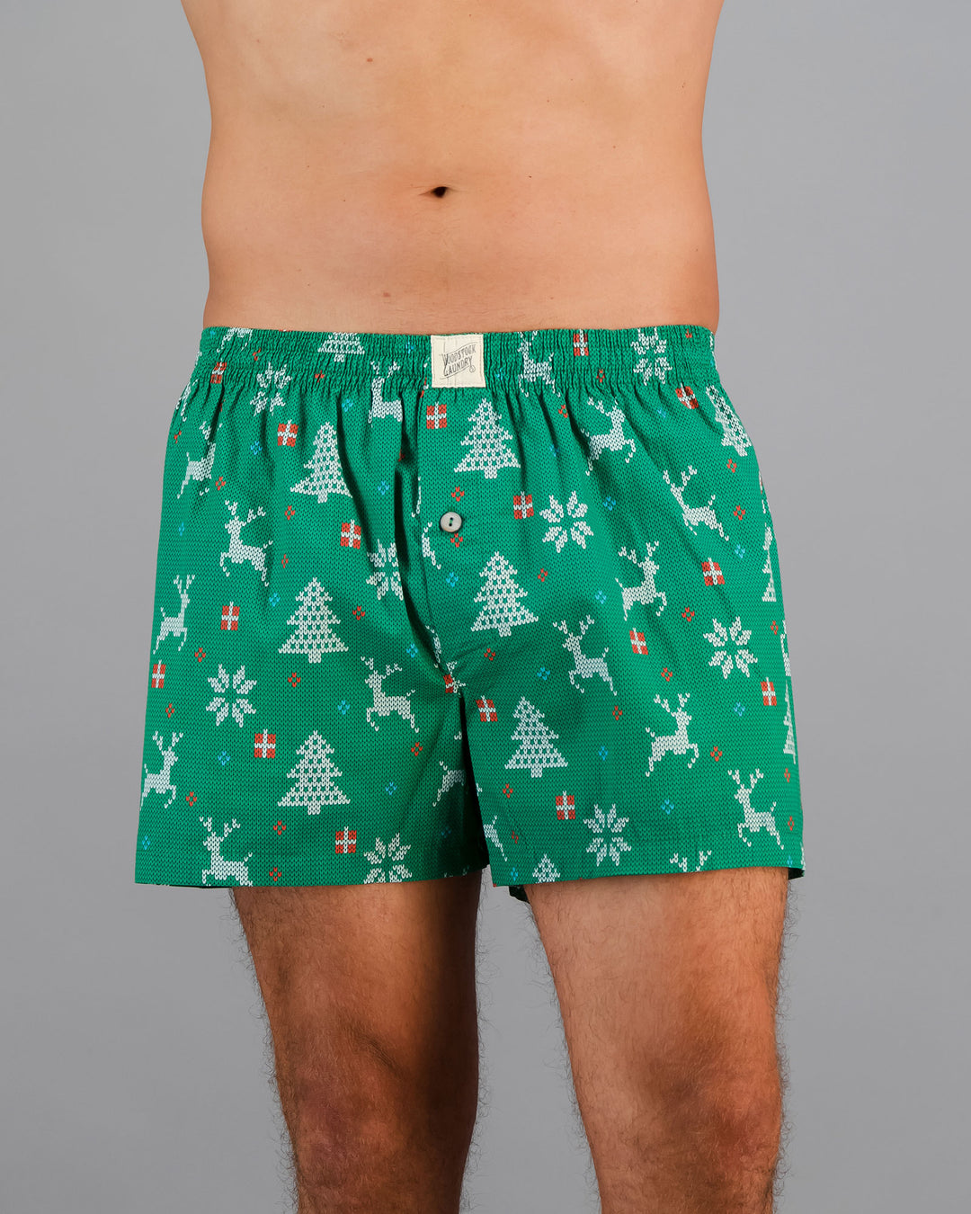 Mens Boxer Shorts Christmas Green Front - Woodstock Laundry