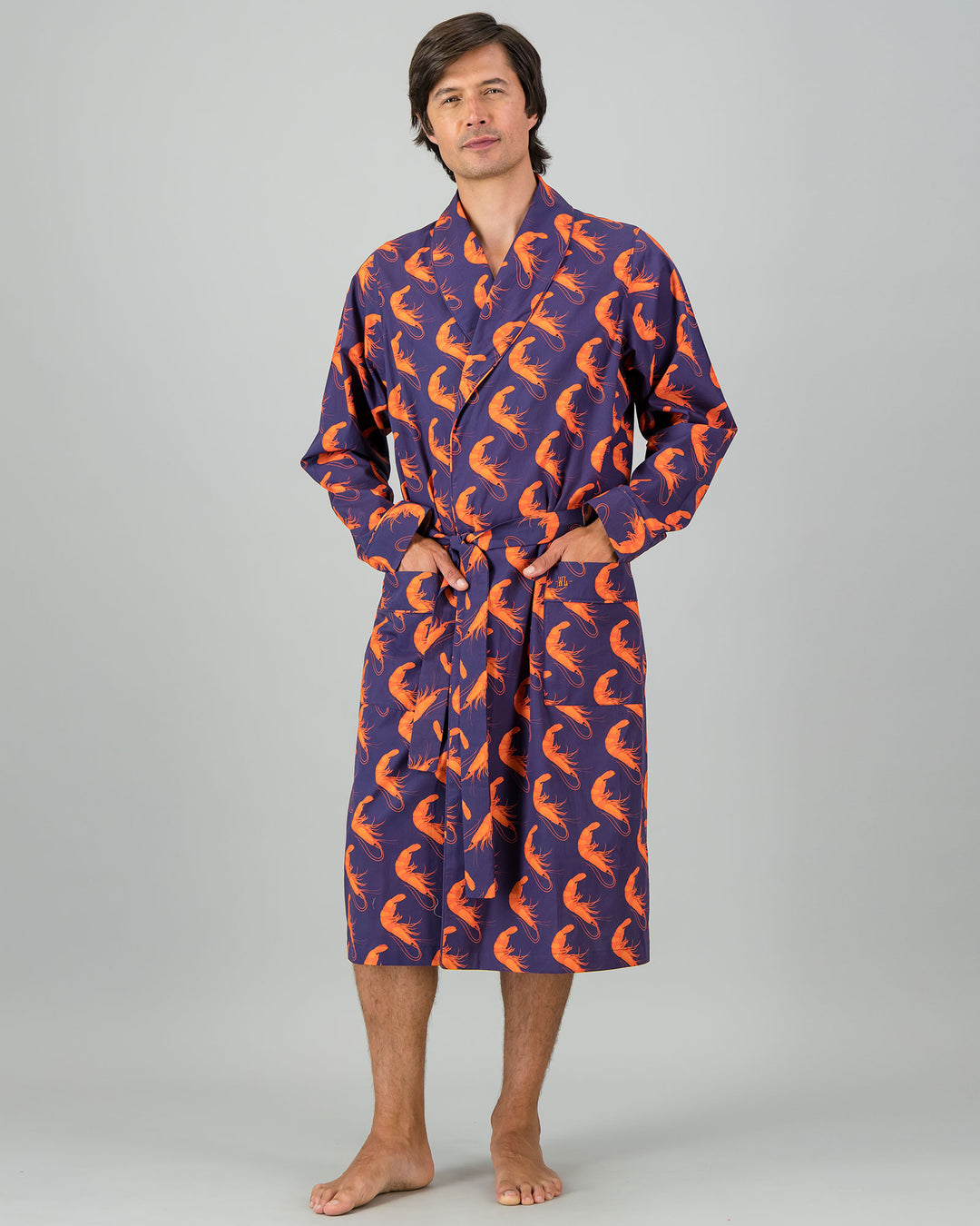 Mens Dressing Gown - Orange Ibiza Prawns Front - Woodstock Laundry