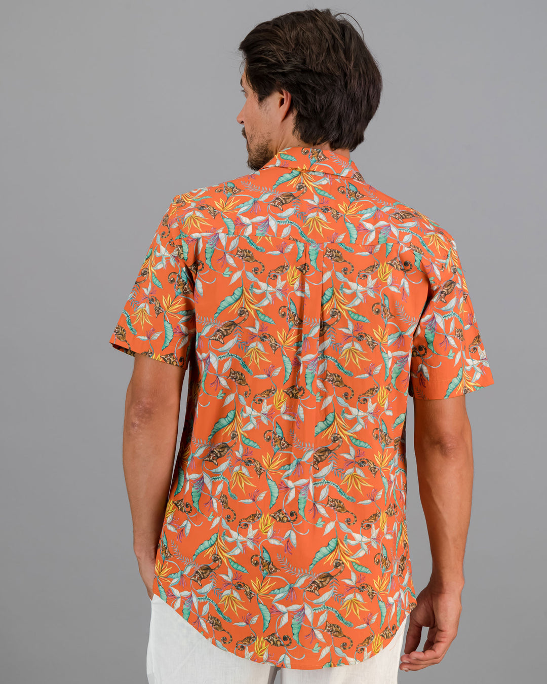 Mens Holiday Shirt Nag Apies Orange Back - Woodstock Laundry