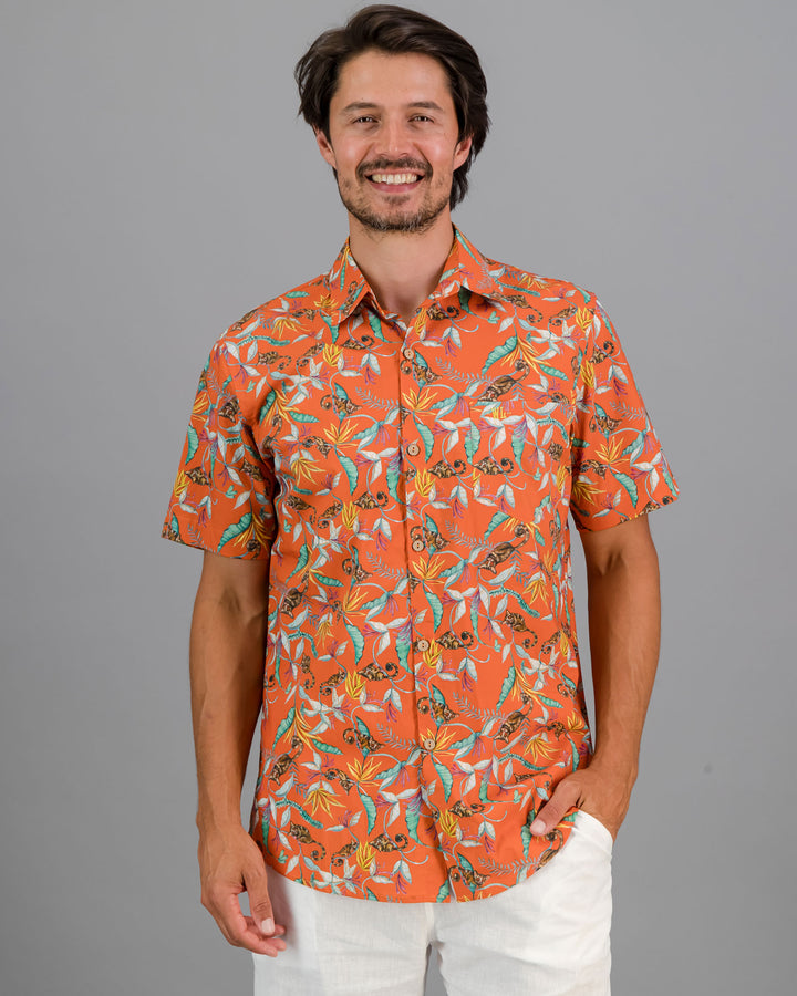 Mens Holiday Shirt Nag Apies Orange Front - Woodstock Laundry