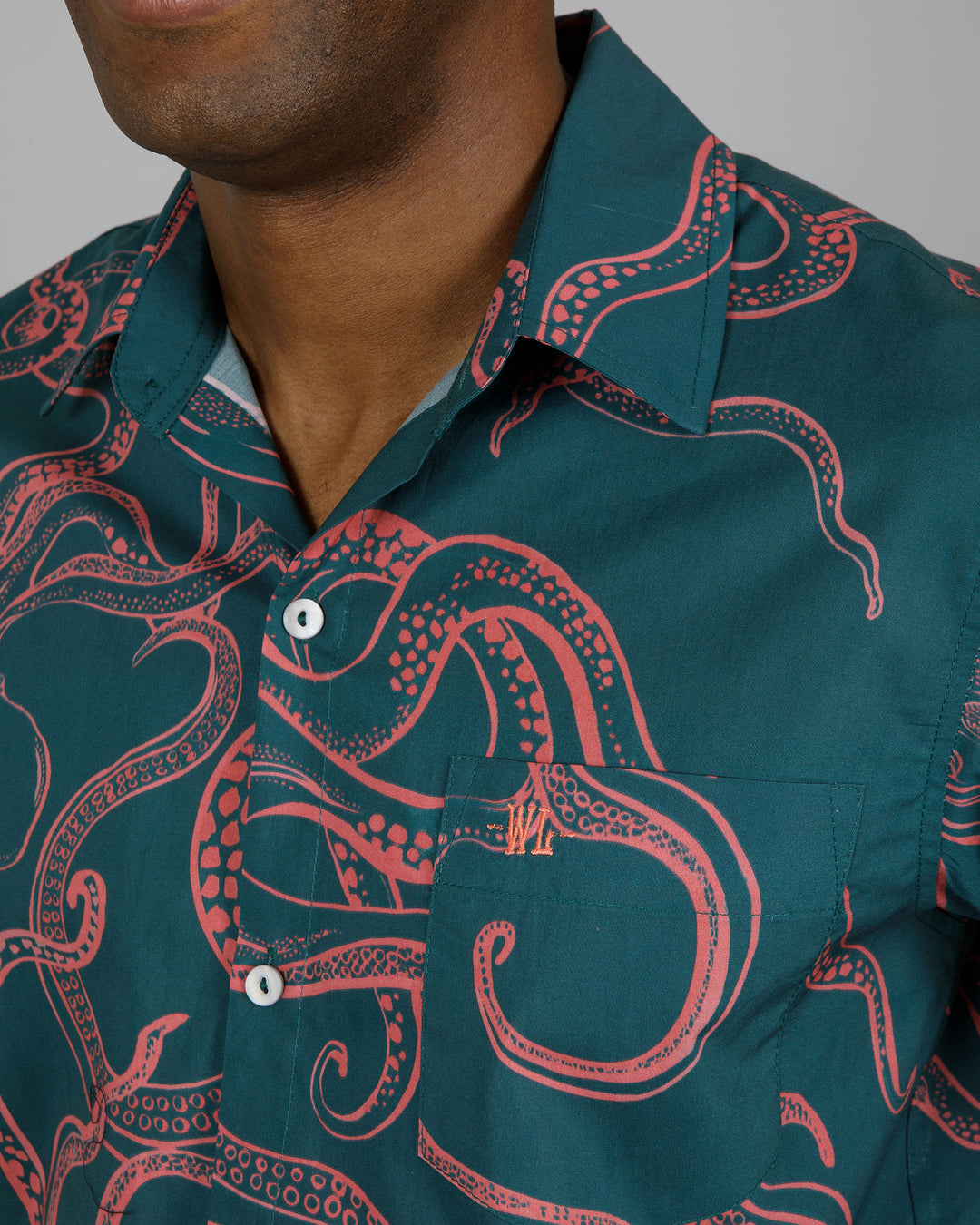 Mens Holiday Shirt Octopus Pink Close - Woodstock Laundry