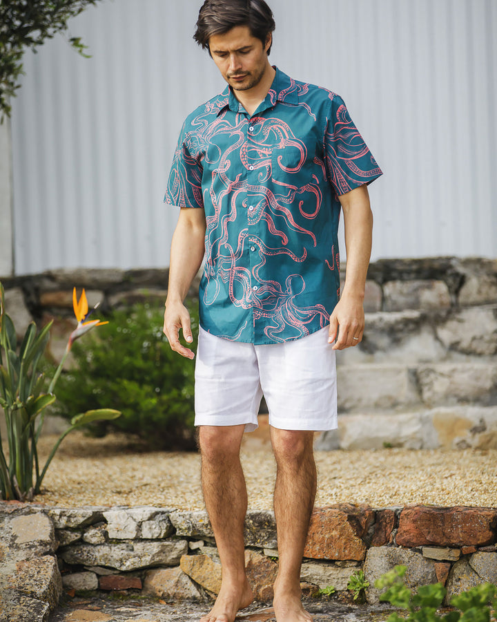 Mens Holiday Shirt Octopus Pink Lifestyle - Woodstock Laundry