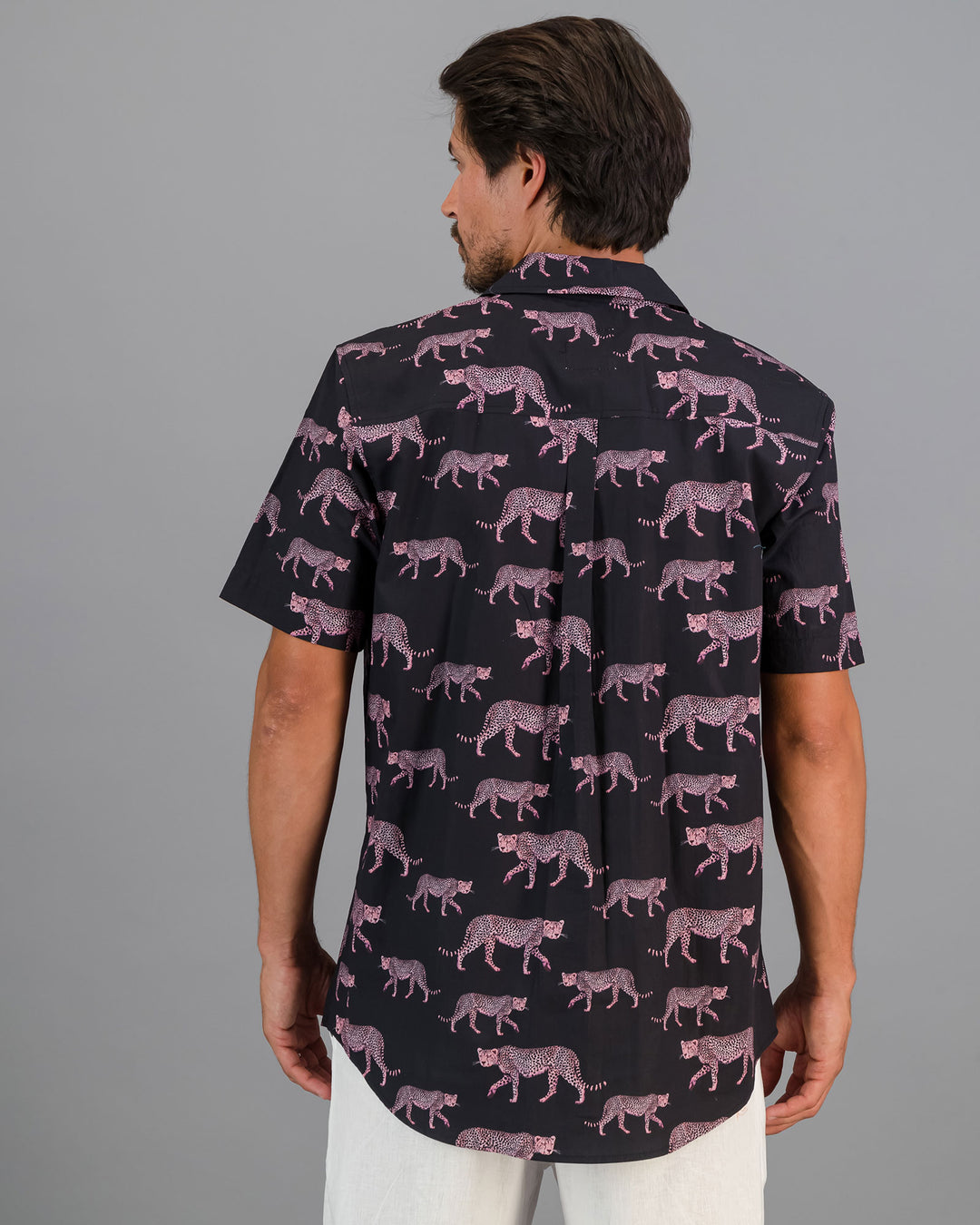 Mens Holiday Shirt Pink Cheetahs Charcoal Back - Woodstock Laundry