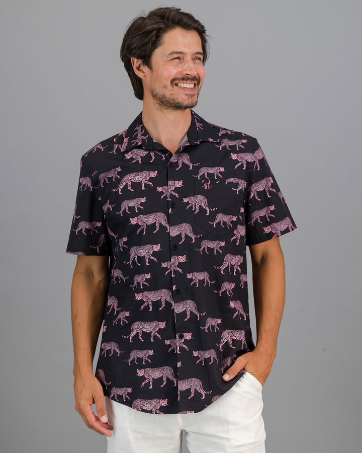 Mens Holiday Shirt Pink Cheetahs Charcoal Front - Woodstock Laundry