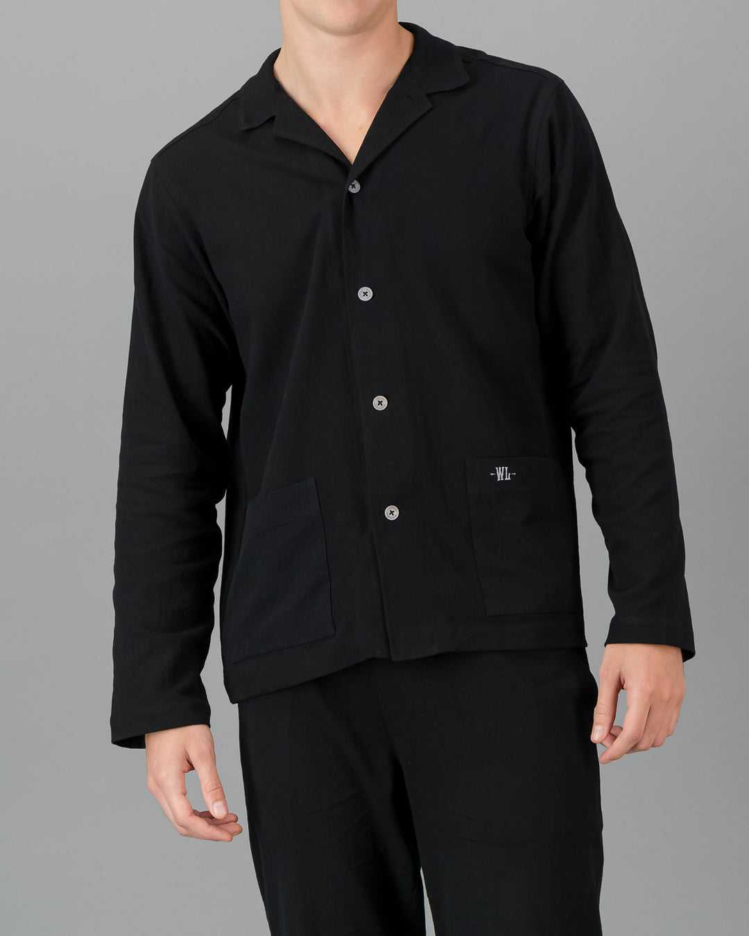 Mens HOT COTTON Long Pyjama Set Black Close - Woodstock Laundry