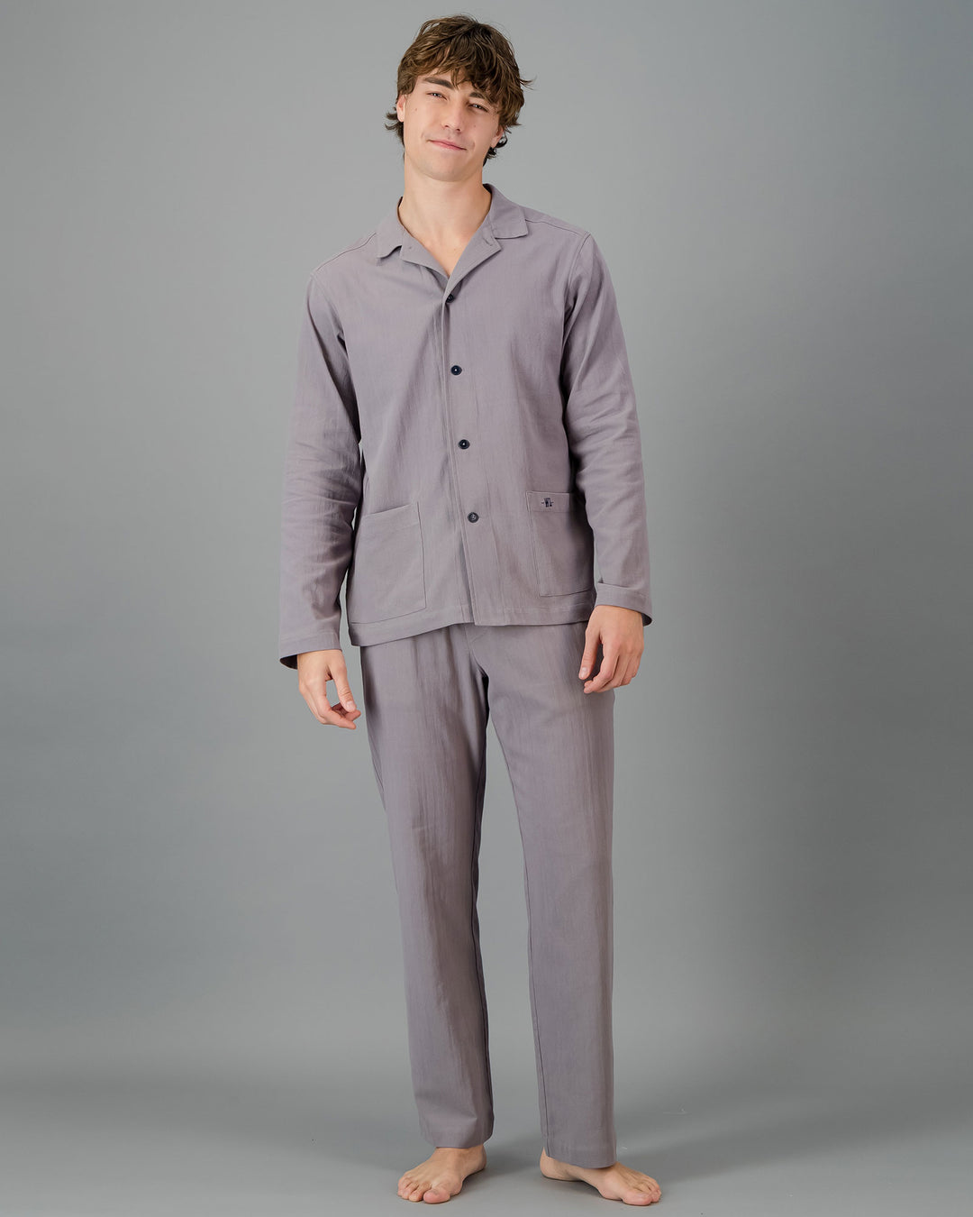 Mens HOT Cotton Long Pyjama Set Charcoal Front - Woodstock Laundry