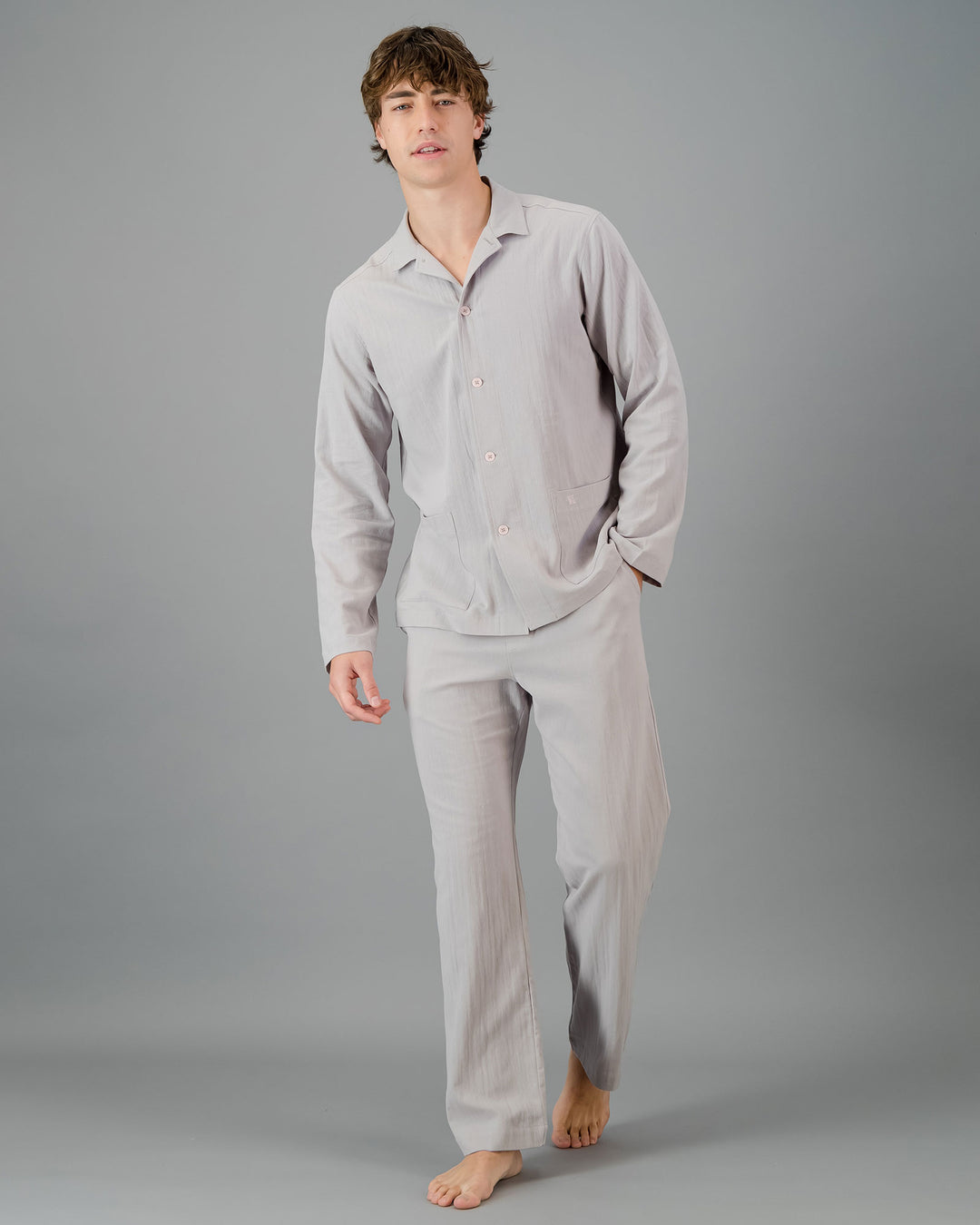 Mens HOT Cotton Long Pyjama Set Grey Front - Woodstock Laundry