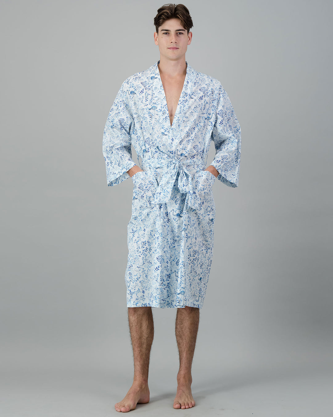 Mens Kimono - Blue Summer Vines on White Front - Woodstock Laundry