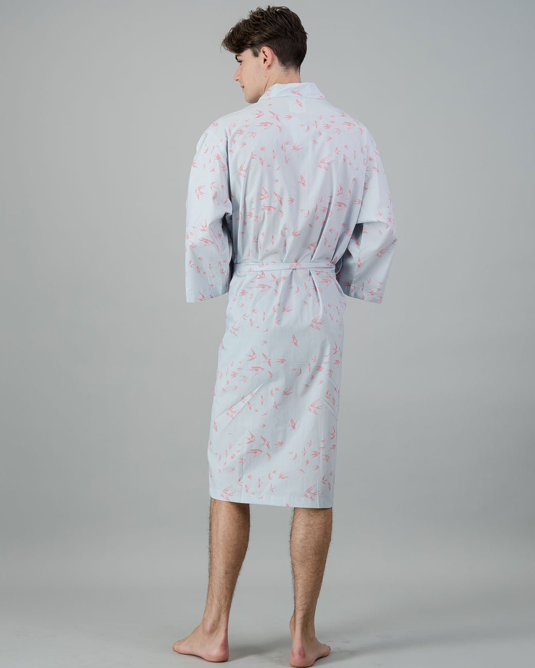 Mens Kimono - Pink Swallows on Pale Blue Back - Woodstock Laundry