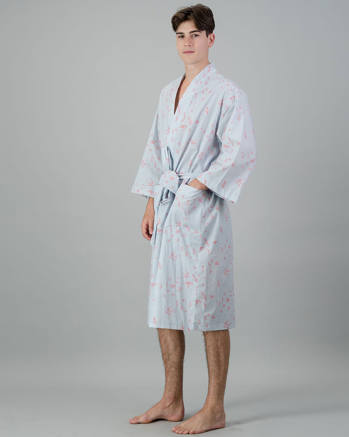 Mens Kimono - Pink Swallows on Pale Blue Front - Woodstock Laundry