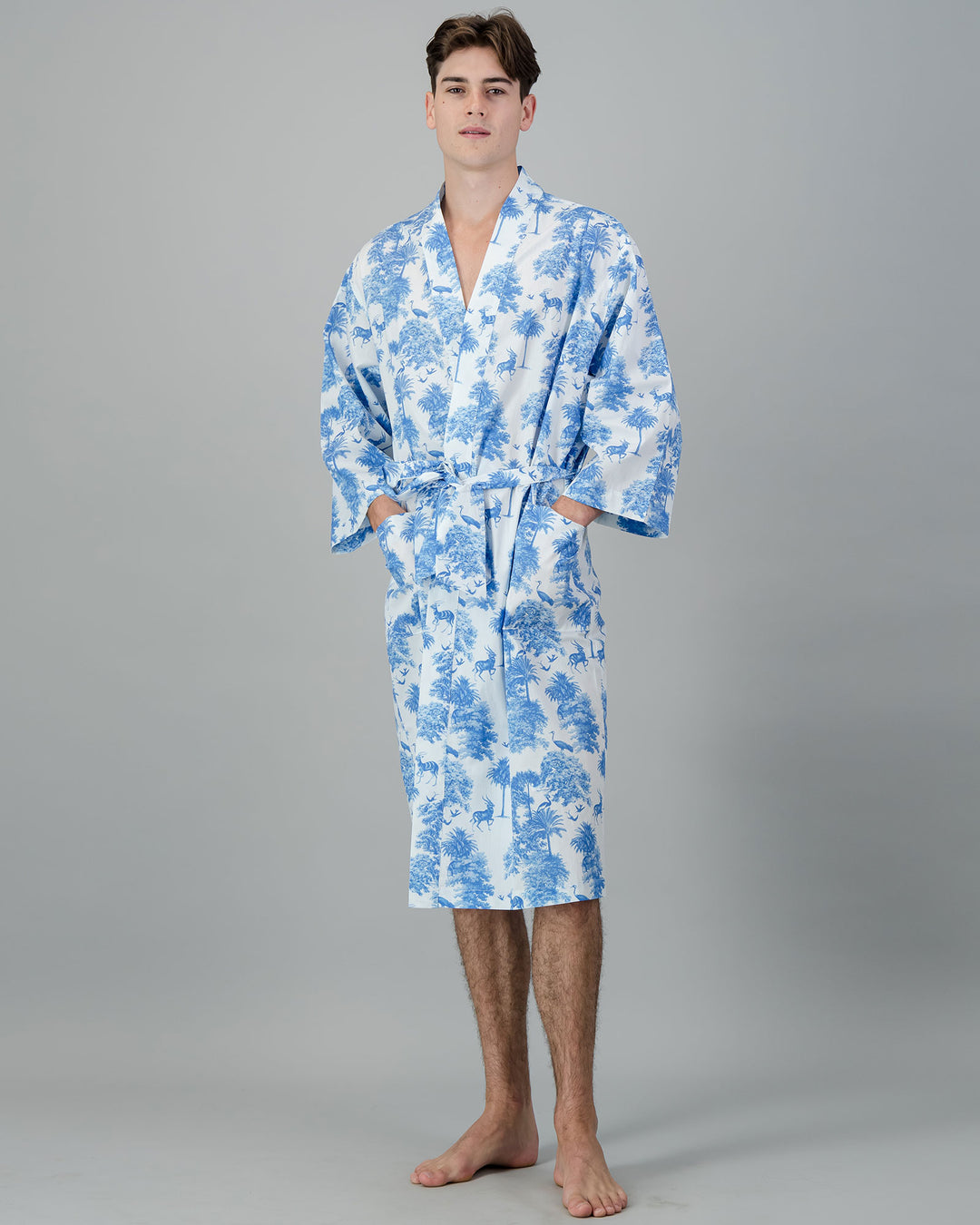 Mens Kimono - Blue Tropicana on White Front - Woodstock Laundry