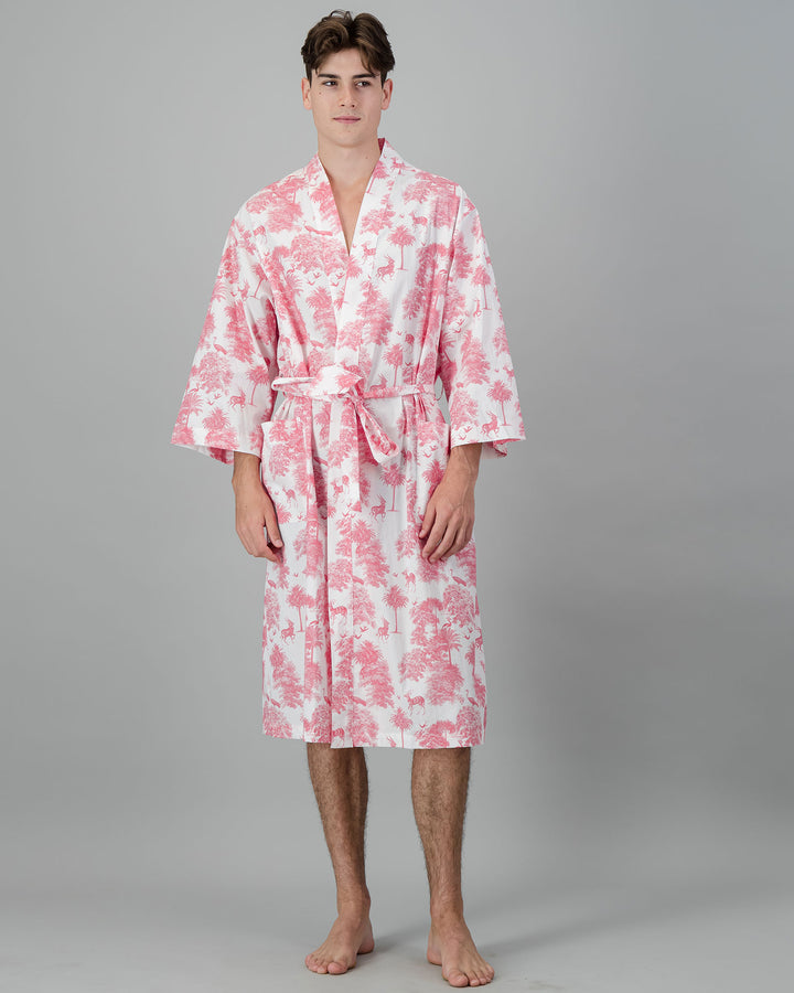 Mens Kimono - Pink Tropicana on White Front - Woodstock Laundry