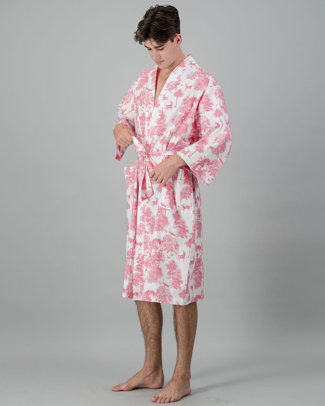 Mens Kimono - Pink Tropicana on White Front - Woodstock Laundry