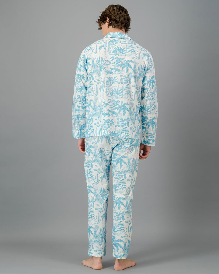 Mens Long Pyjamas Mono Safari Blue Back - Woodstock Laundry