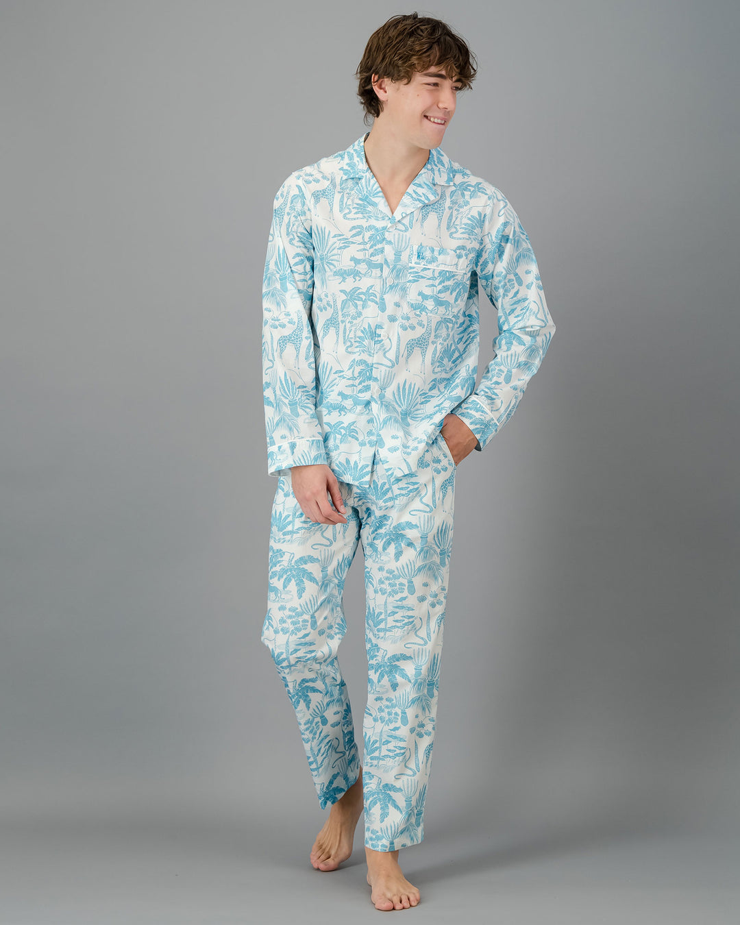 Mens Long Pyjamas Mono Safari Blue Front - Woodstock Laundry
