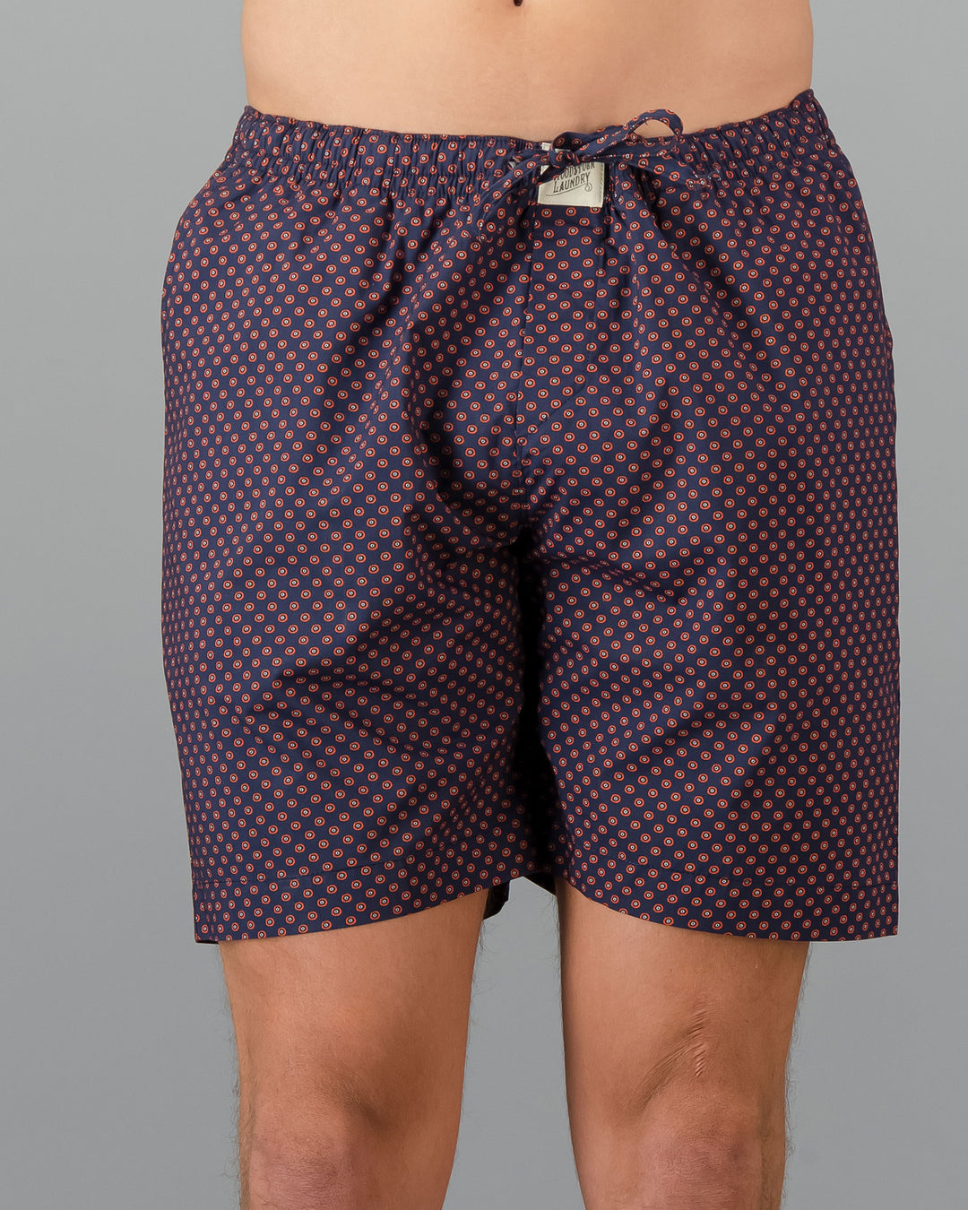 Mens Lounge Shorts Poppy Circles Navy Front - Woodstock Laundry