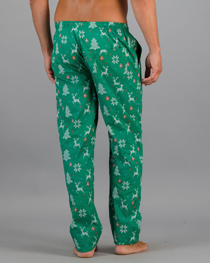 Mens Lounge Pants White Xmas Green Back - Woodstock Laundry