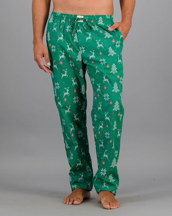 Mens Lounge Pants White Xmas Green Front - Woodstock Laundry