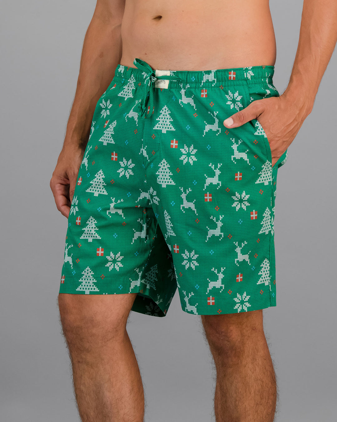 Mens Lounge Shorts Christmas Green Front - Woodstock Laundry