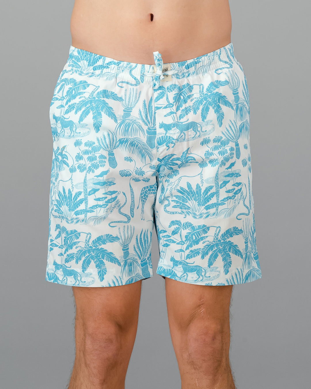 Mens Lounge Shorts Mono Safari Blue Front - Woodstock Laundry