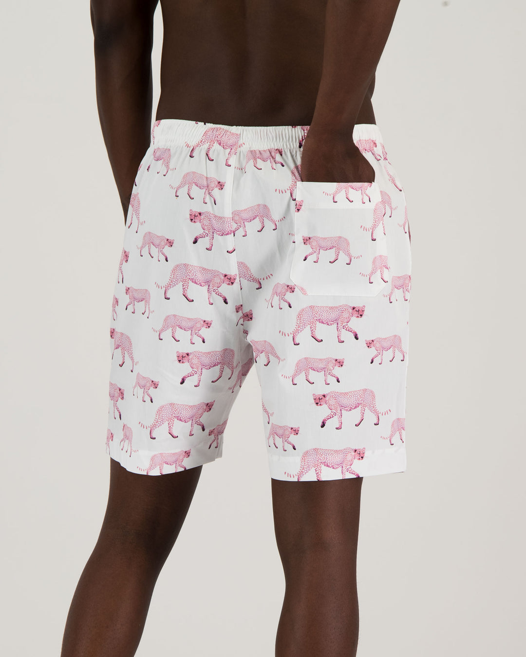 Mens Lounge Shorts Pink Cheetahs Back - Woodstock Laundry