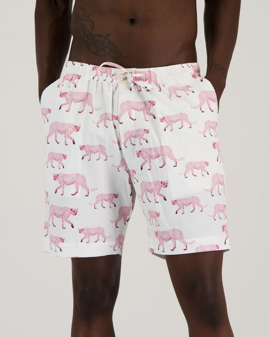 Mens Lounge Shorts Pink Cheetahs Front - Woodstock Laundry