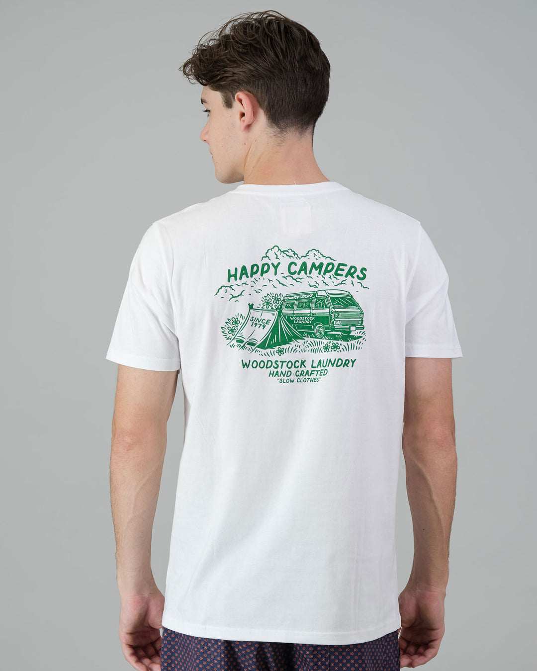 Mens Printed Short Sleeve Tee Green Campers White Back - Woodstock Laundry