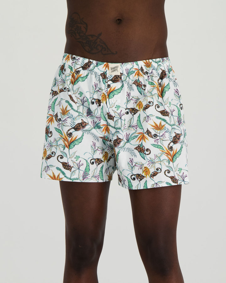 Mens Boxer Shorts - Nag Apies on White Front - Woodstock Laundry