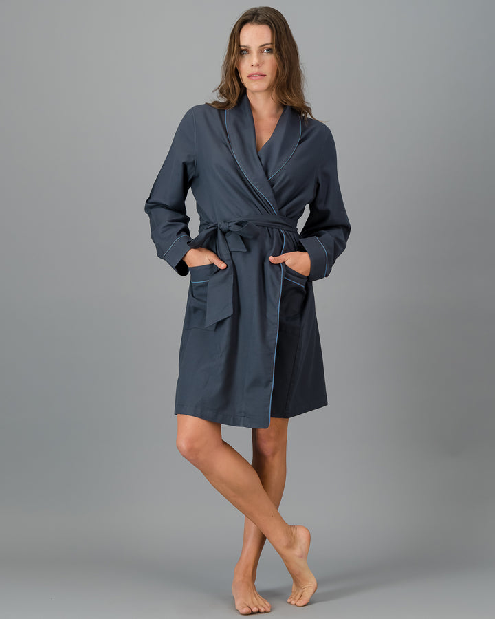 Womens Gowns - Flannel Charcoal - Blue Piping - Front - Woodstock Laundry