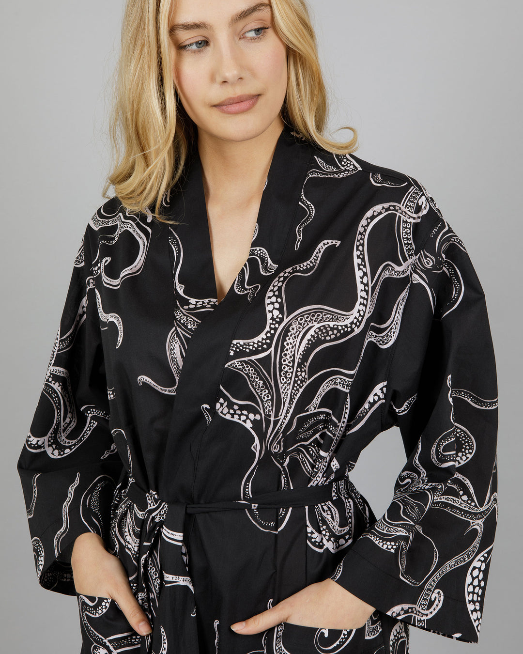 Womens Dressing Gown - White Octopus on Black Close - Woodstock Laundry