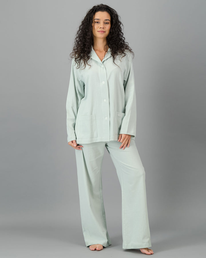 Womens HOT Cotton Long Pyjama Set Pistachio Green Front - Woodstock Laundry