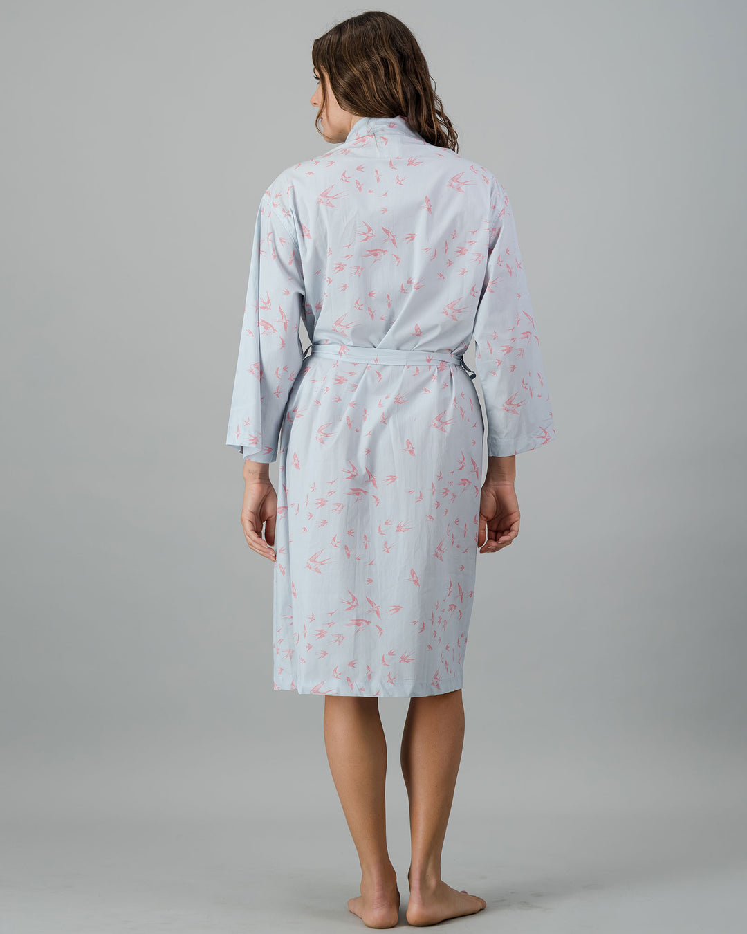 Womens Kimono - Pink Swallows on Pale Blue Back - Woodstock Laundry