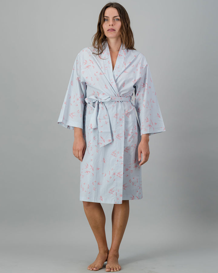 Womens Kimono - Pink Swallows on Pale Blue Front - Woodstock Laundry