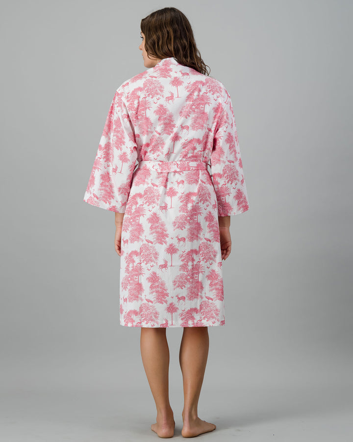 Womens Kimono - Pink Tropicana on White Back - Woodstock Laundry