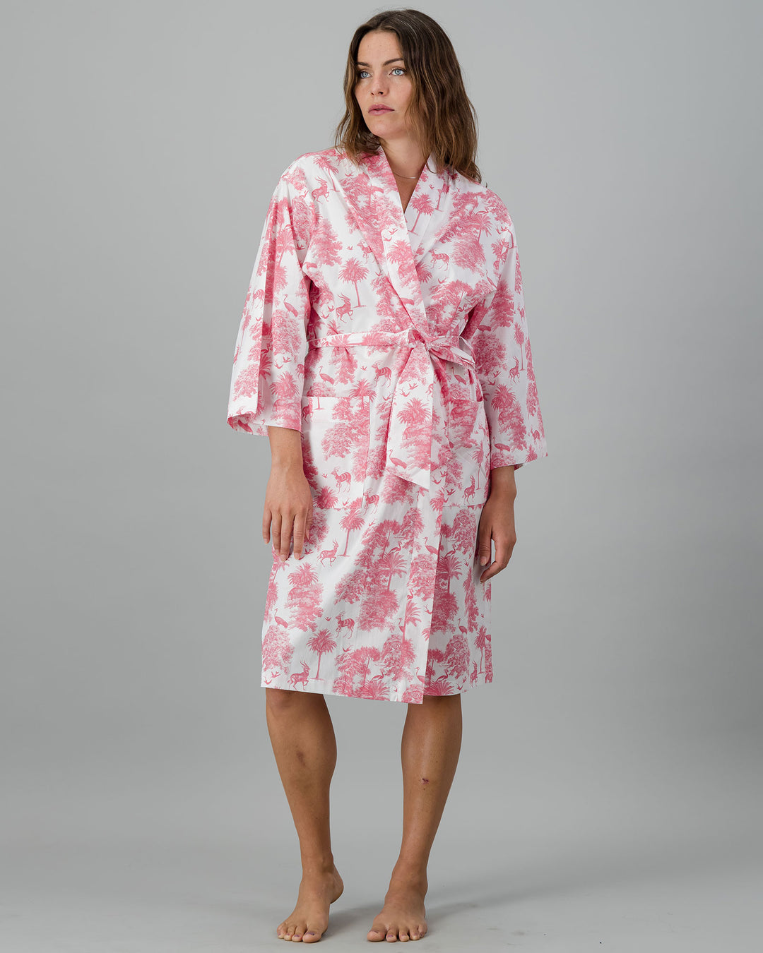 Womens Kimono - Pink Tropicana on White Front - Woodstock Laundry