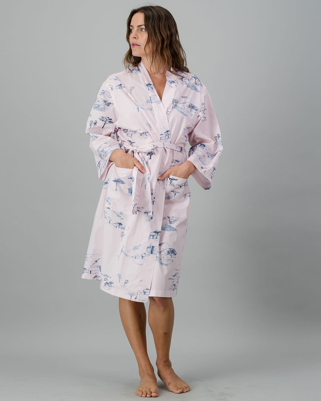 Womens Kimono - Grey Wild Coast on Pink Front - Woodstock Laundry