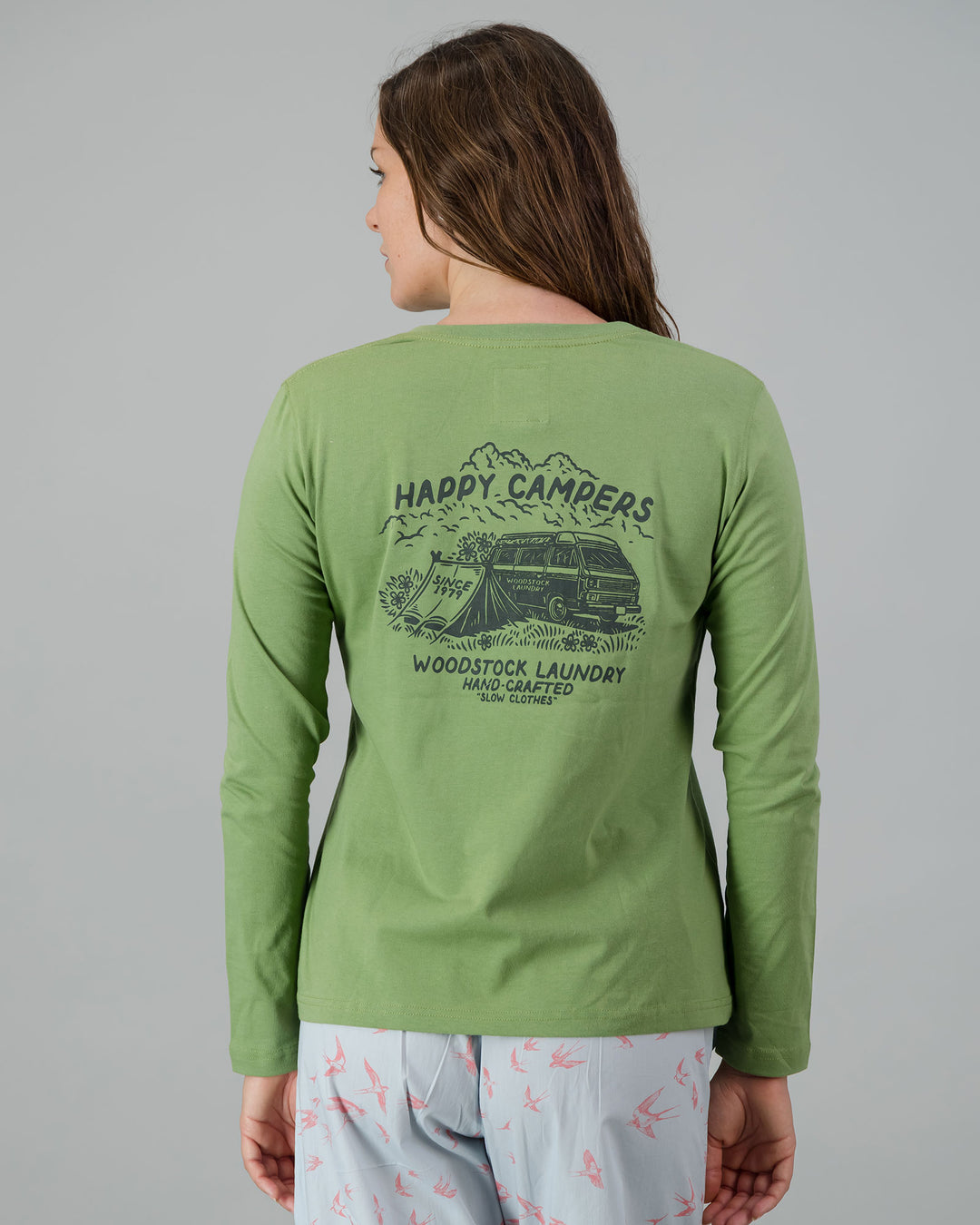 Womens Long-Sleeve T-Shirt - Dark Green Campers on African Sage Back - Woodstock Laundry